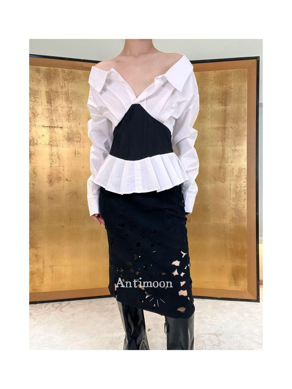 ANTIMOON Midnight Starburst Laser Cutout Slit Vintage Women's Polyester Midi Skirts
