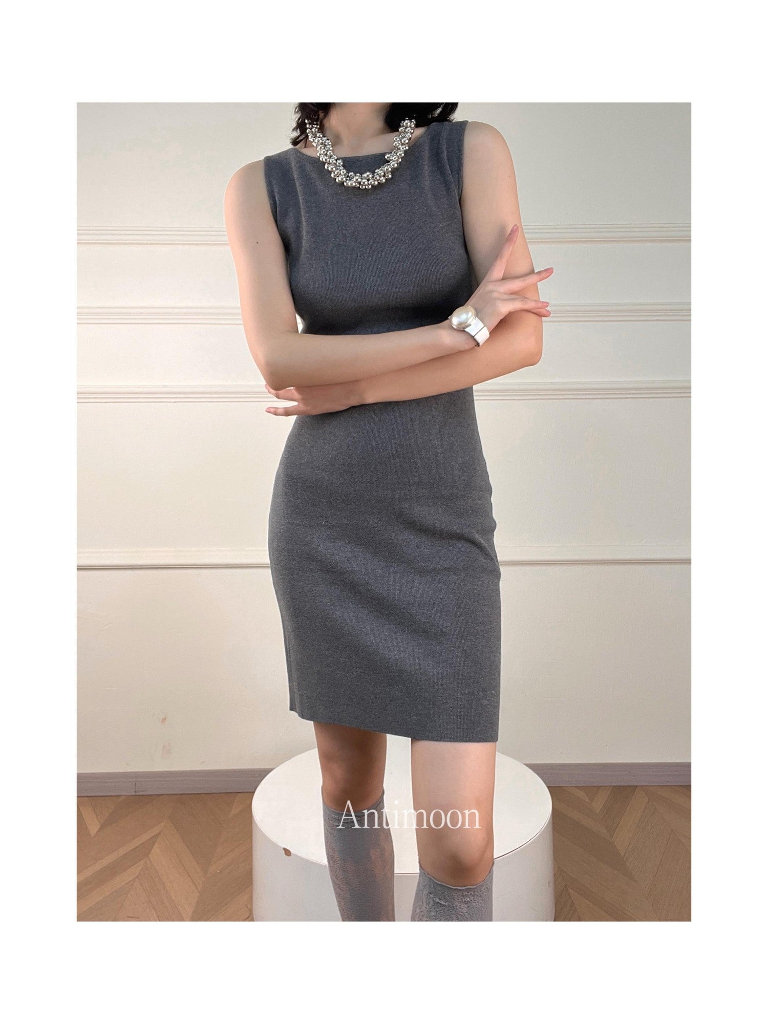 ANTIMOON Minimal Knit Wrinkle Free Slim Fit Women's Viscose Blend Casual Midi Dresses