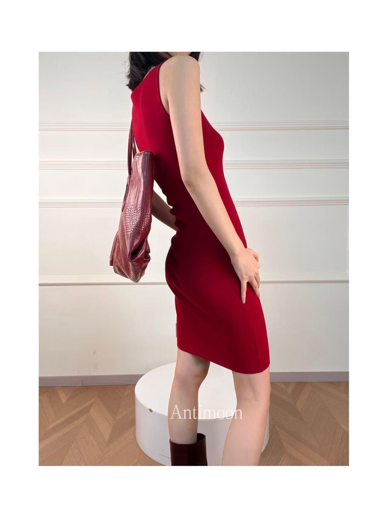 ANTIMOON Minimal Knit Wrinkle Free Slim Fit Women's Viscose Blend Casual Midi Dresses