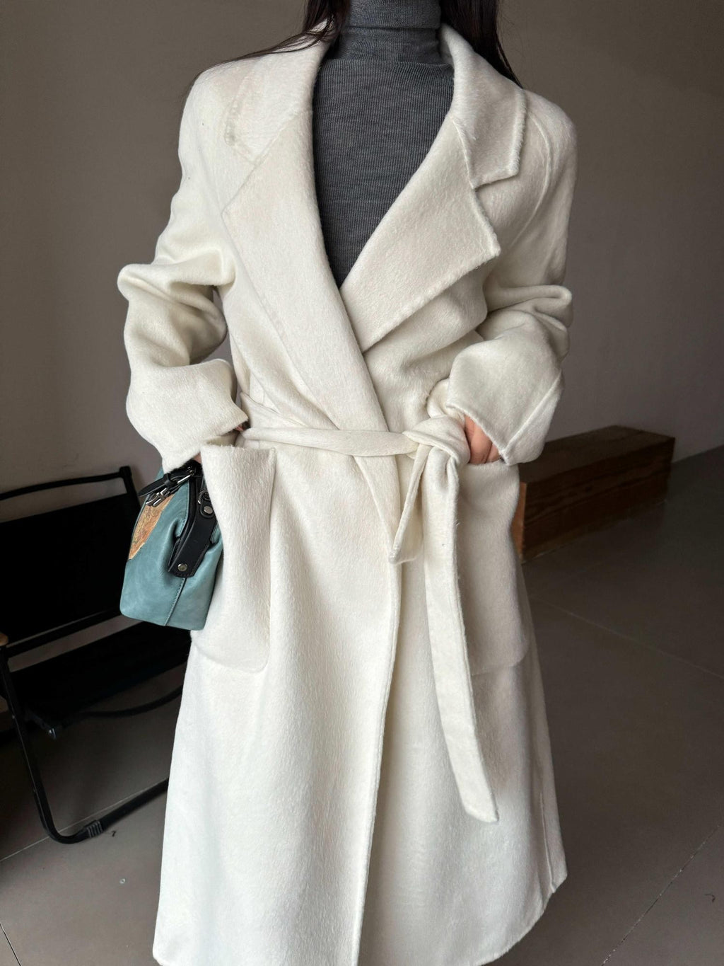 ANTIMOON Minimalist Long Belted Robe Style Women's 100% Wool Coats