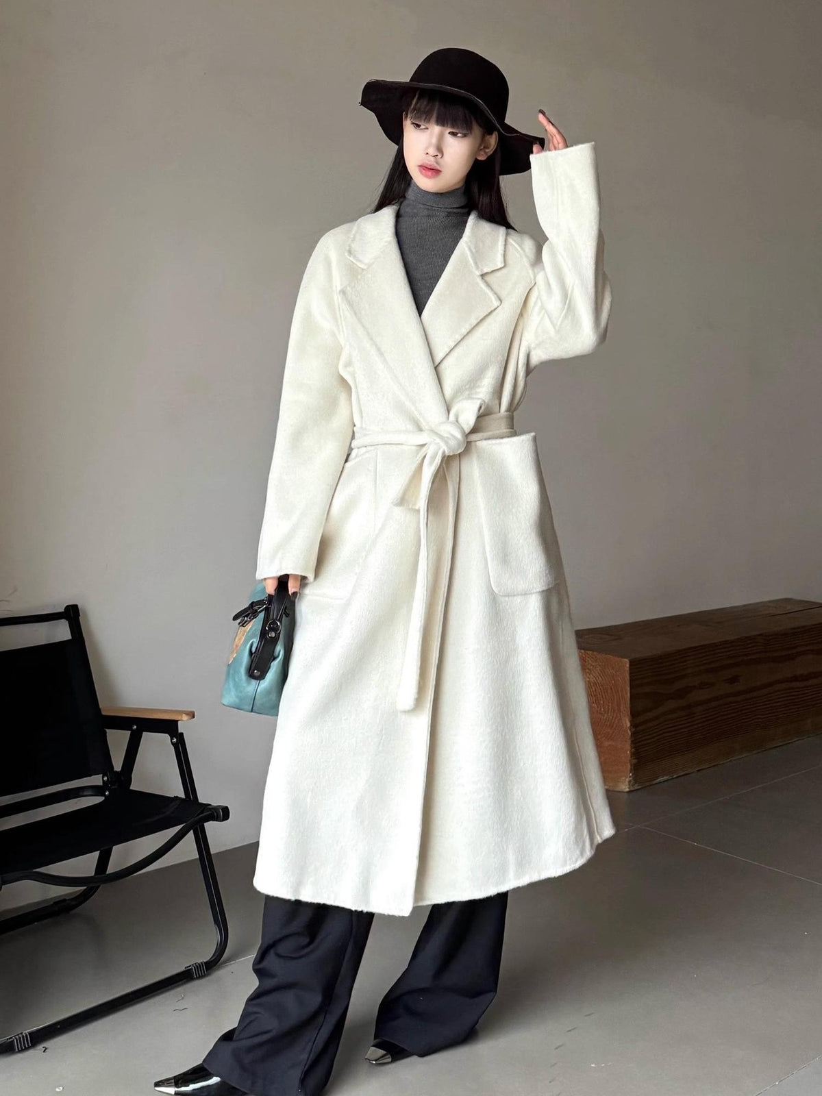 ANTIMOON Minimalist Long Belted Robe Style Women's 100% Wool Coats