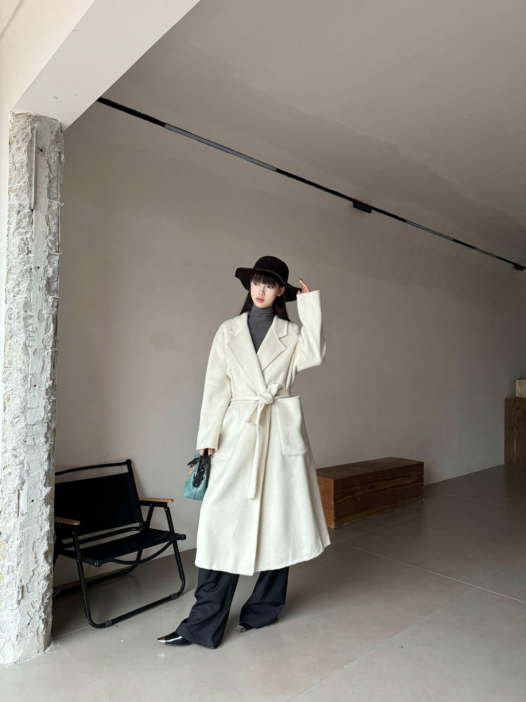 ANTIMOON Minimalist Long Belted Robe Style Women's 100% Wool Coats