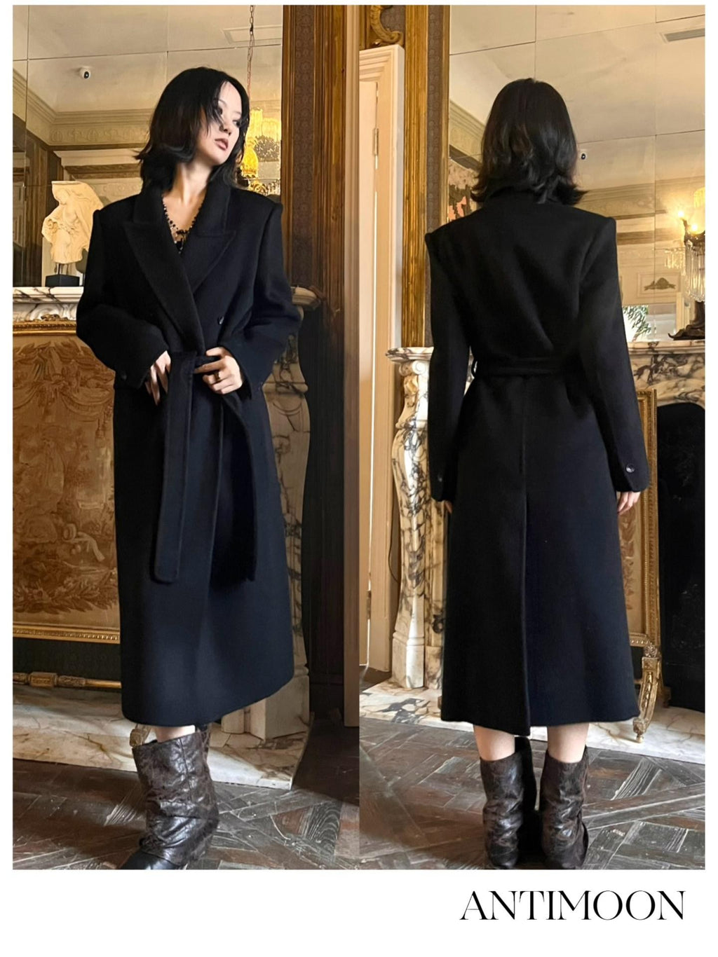 ANTIMOON Minimalist Wide Shoulder Double Breasted Belted Women's Wool Blazers