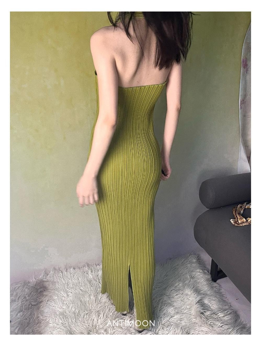 ANTIMOON Mint Green Geometric 3d Pleated Women's Polyester Halter Maxi Dresses