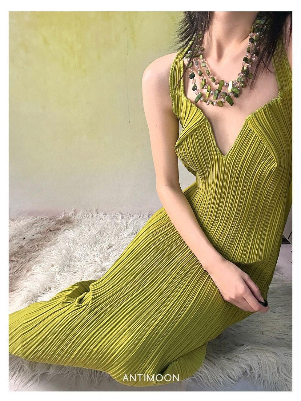 ANTIMOON Mint Green Geometric 3d Pleated Women's Polyester Halter Maxi Dresses