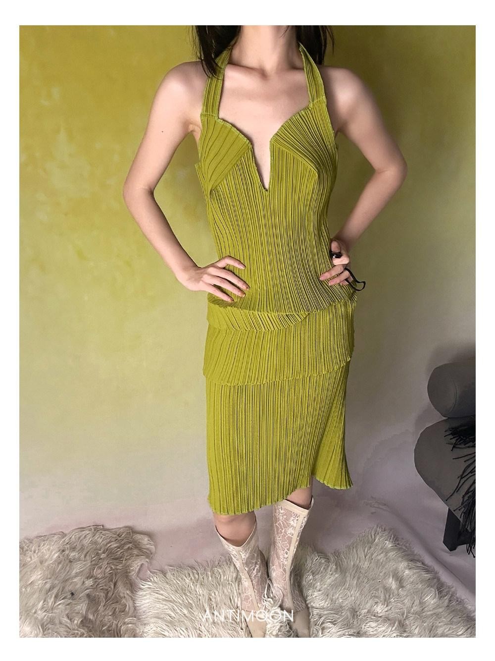ANTIMOON Mint Green Geometric 3d Pleated Women's Polyester Halter Maxi Dresses