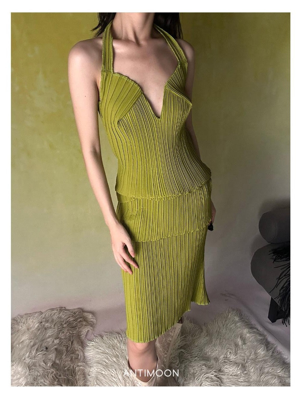 ANTIMOON Mint Green Geometric 3d Pleated Women's Polyester Halter Maxi Dresses