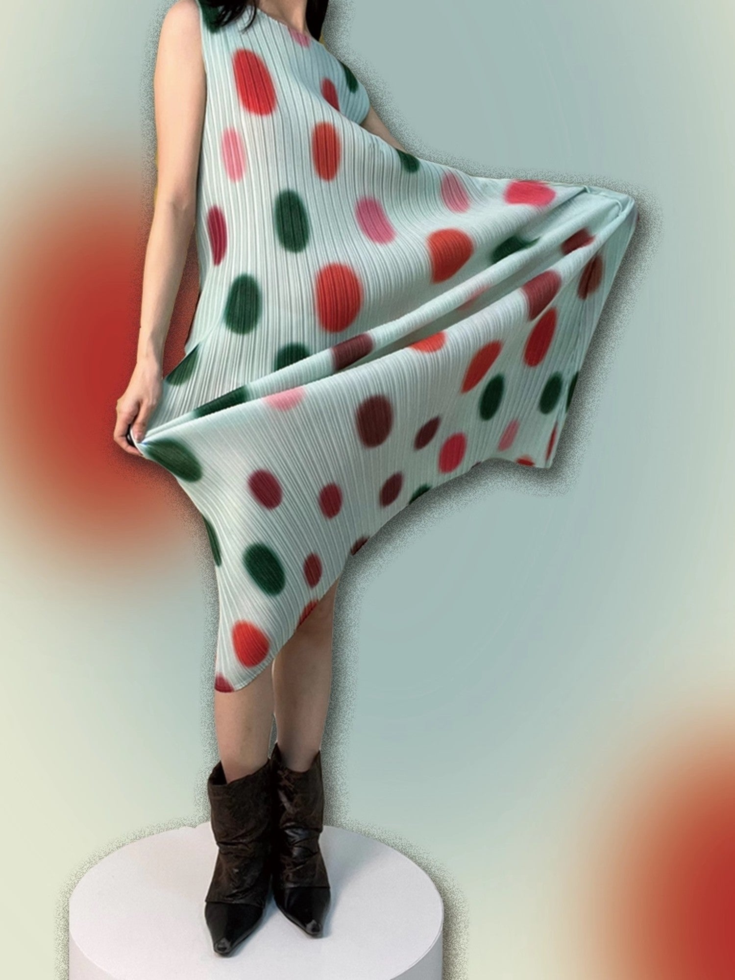 ANTIMOON Mint Polka Dot Ombre Pleated Texture Print Women's Polyester Casual Maxi Dresses