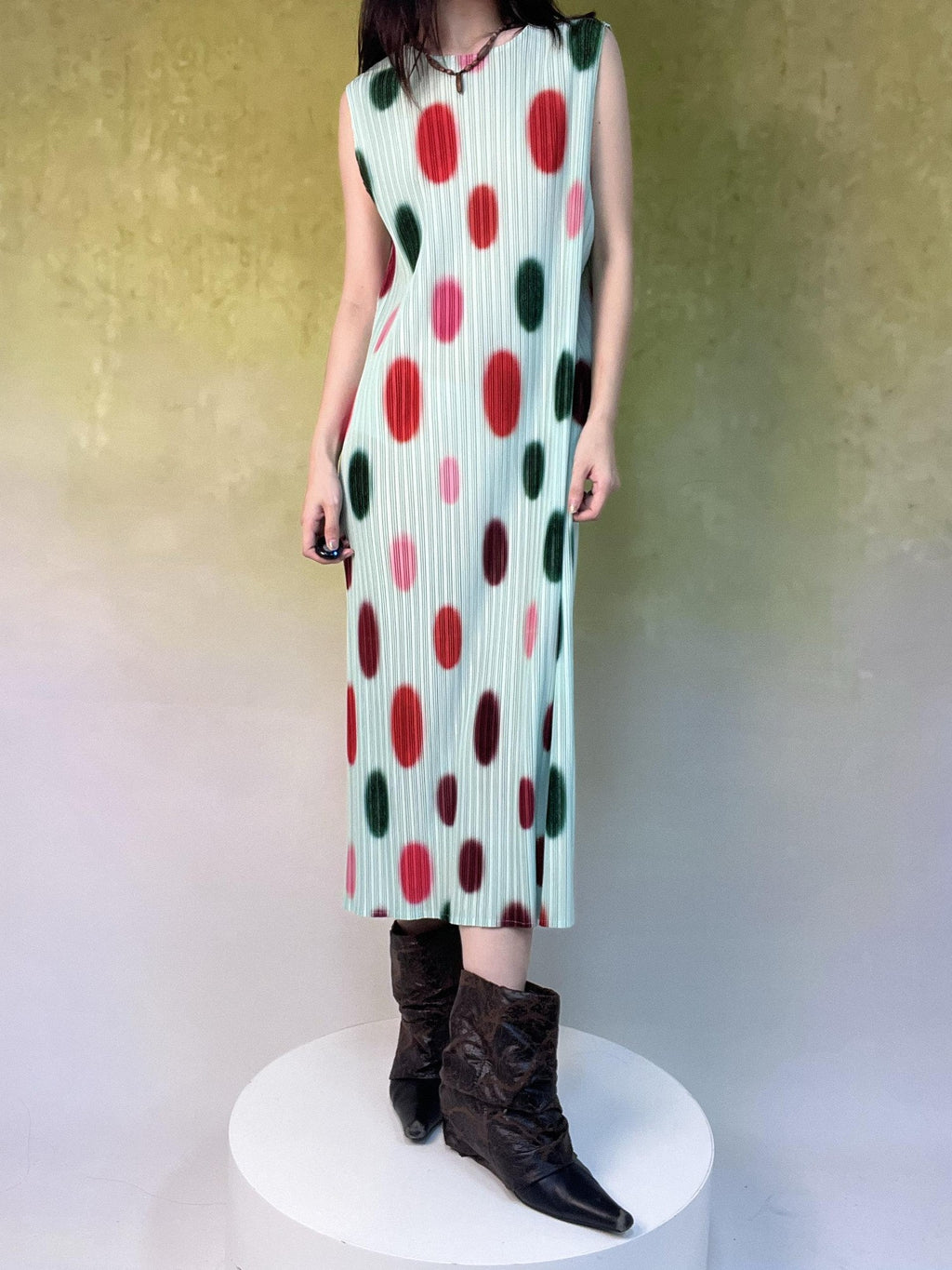 ANTIMOON Mint Polka Dot Ombre Pleated Texture Print Women's Polyester Casual Maxi Dresses