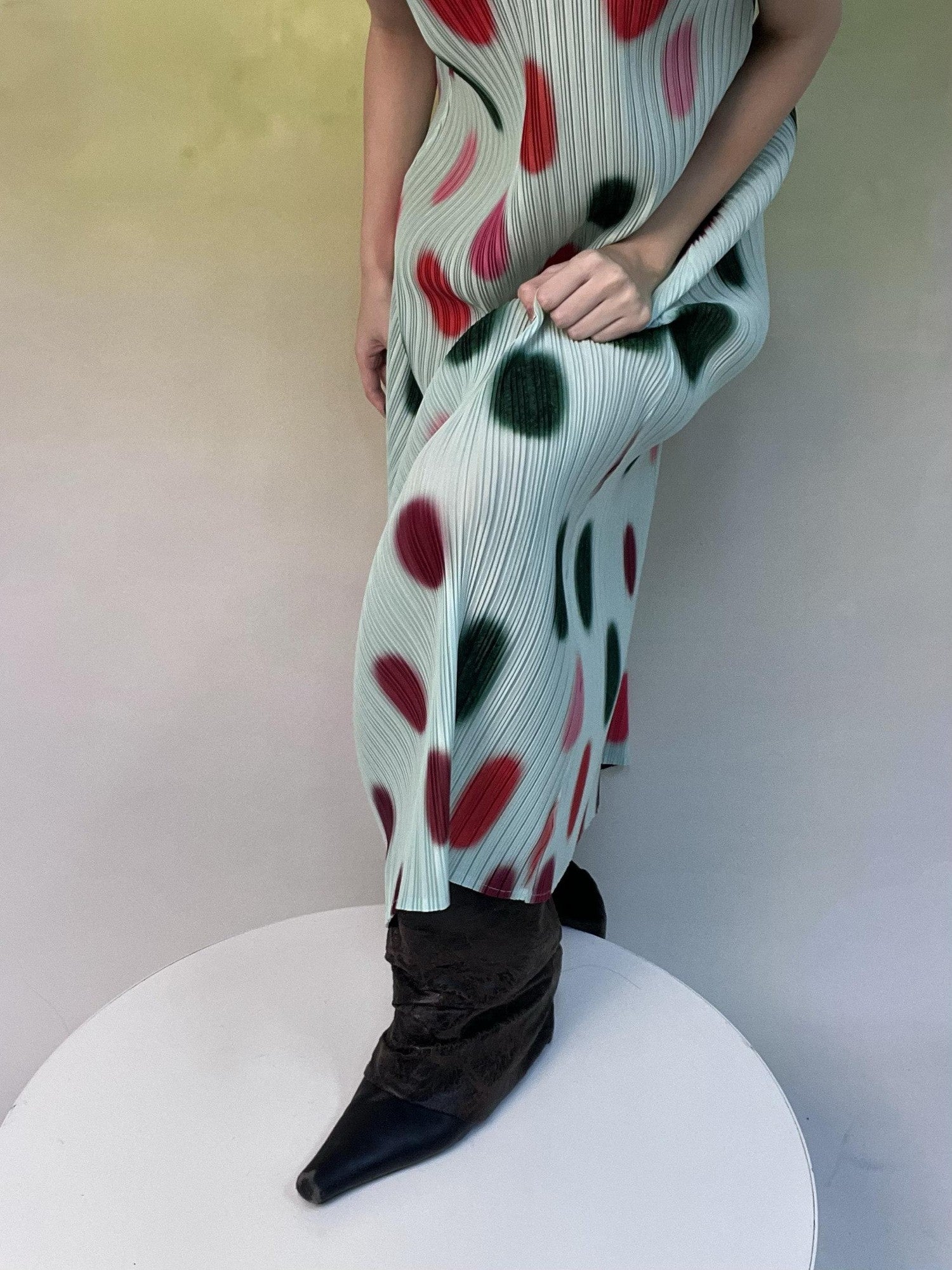 ANTIMOON Mint Polka Dot Ombre Pleated Texture Print Women's Polyester Casual Maxi Dresses