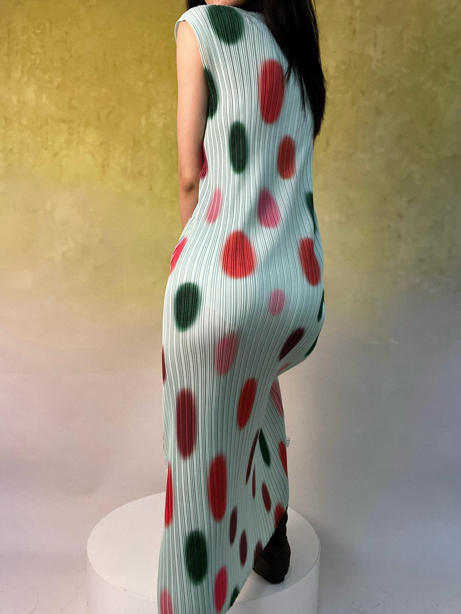 ANTIMOON Mint Polka Dot Ombre Pleated Texture Print Women's Polyester Casual Maxi Dresses