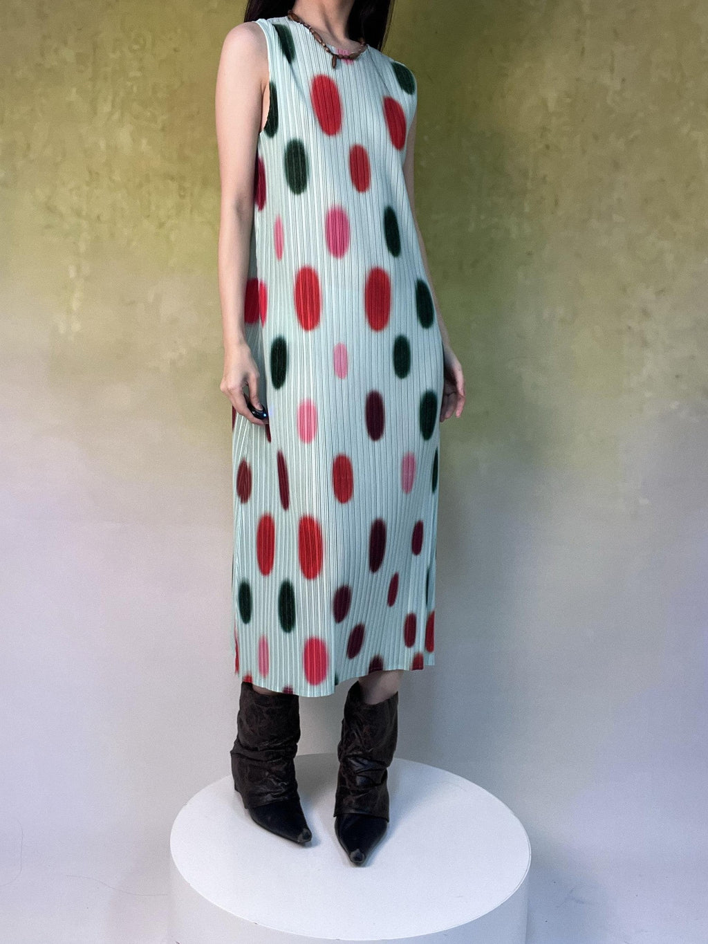 ANTIMOON Mint Polka Dot Ombre Pleated Texture Print Women's Polyester Casual Maxi Dresses