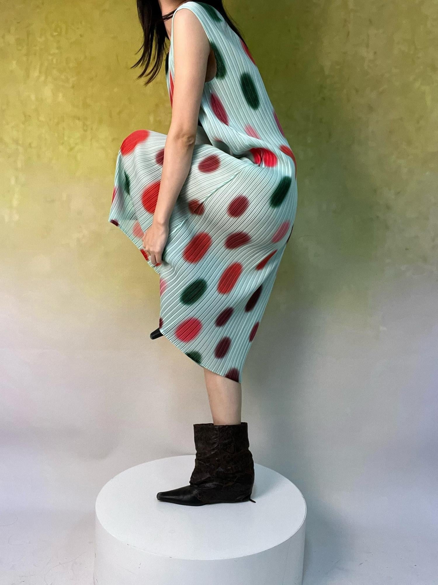 ANTIMOON Mint Polka Dot Ombre Pleated Texture Print Women's Polyester Casual Maxi Dresses