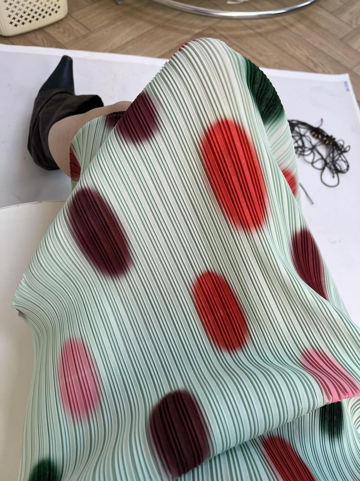 ANTIMOON Mint Polka Dot Ombre Pleated Texture Print Women's Polyester Casual Maxi Dresses