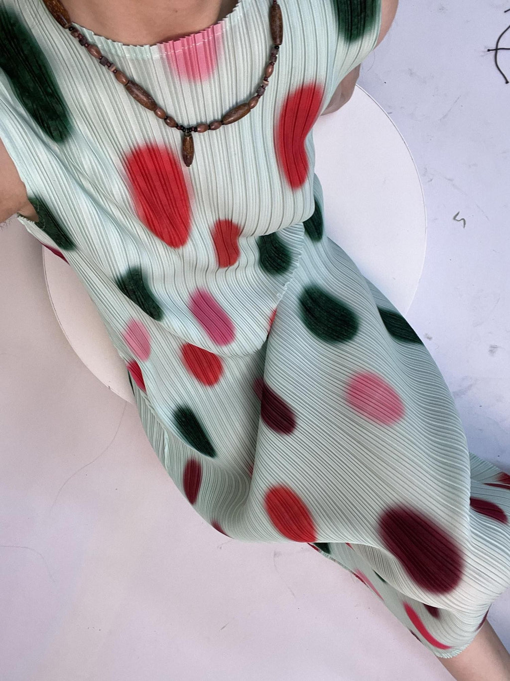 ANTIMOON Mint Polka Dot Ombre Pleated Texture Print Women's Polyester Casual Maxi Dresses