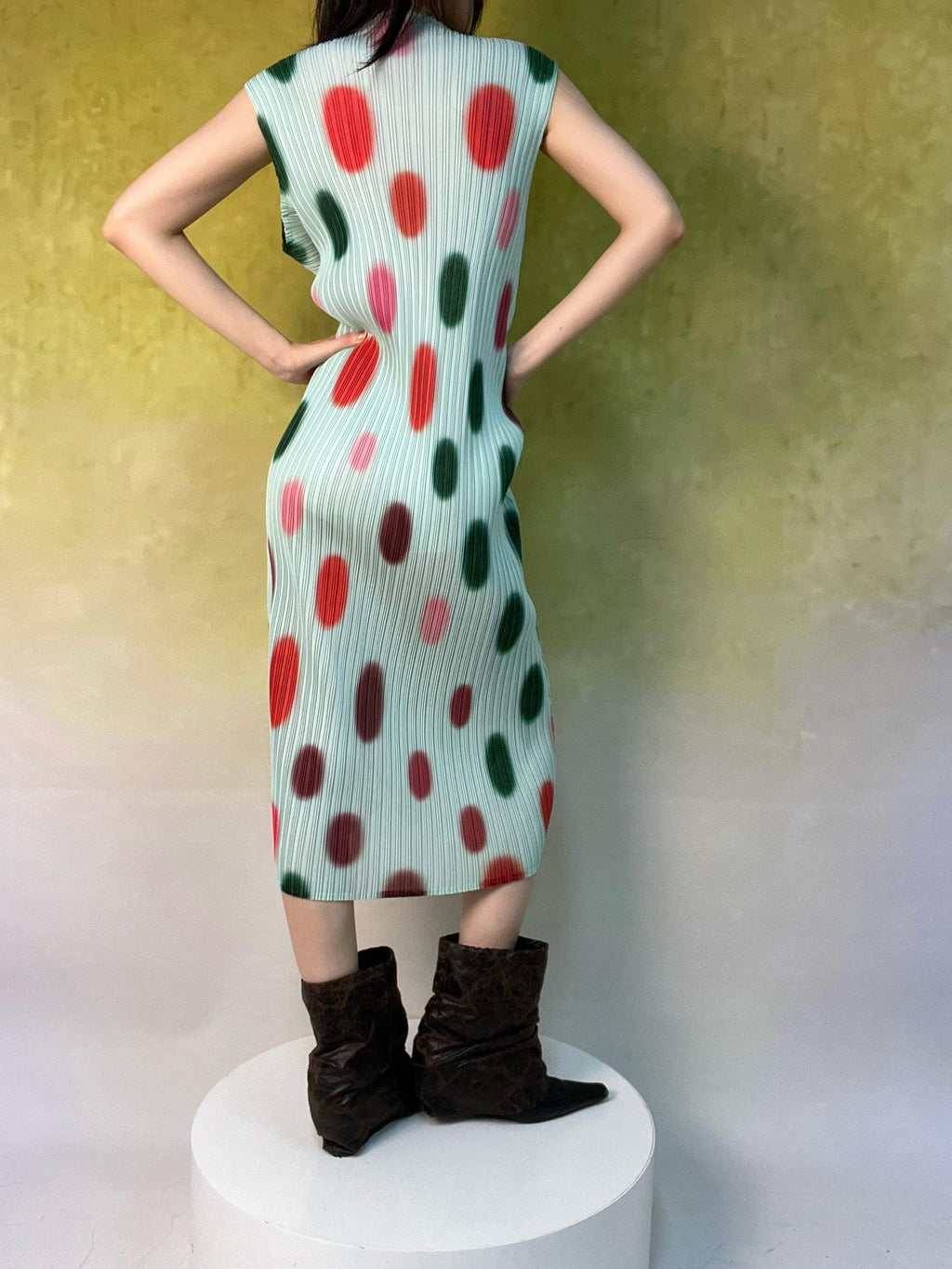 ANTIMOON Mint Polka Dot Ombre Pleated Texture Print Women's Polyester Casual Maxi Dresses