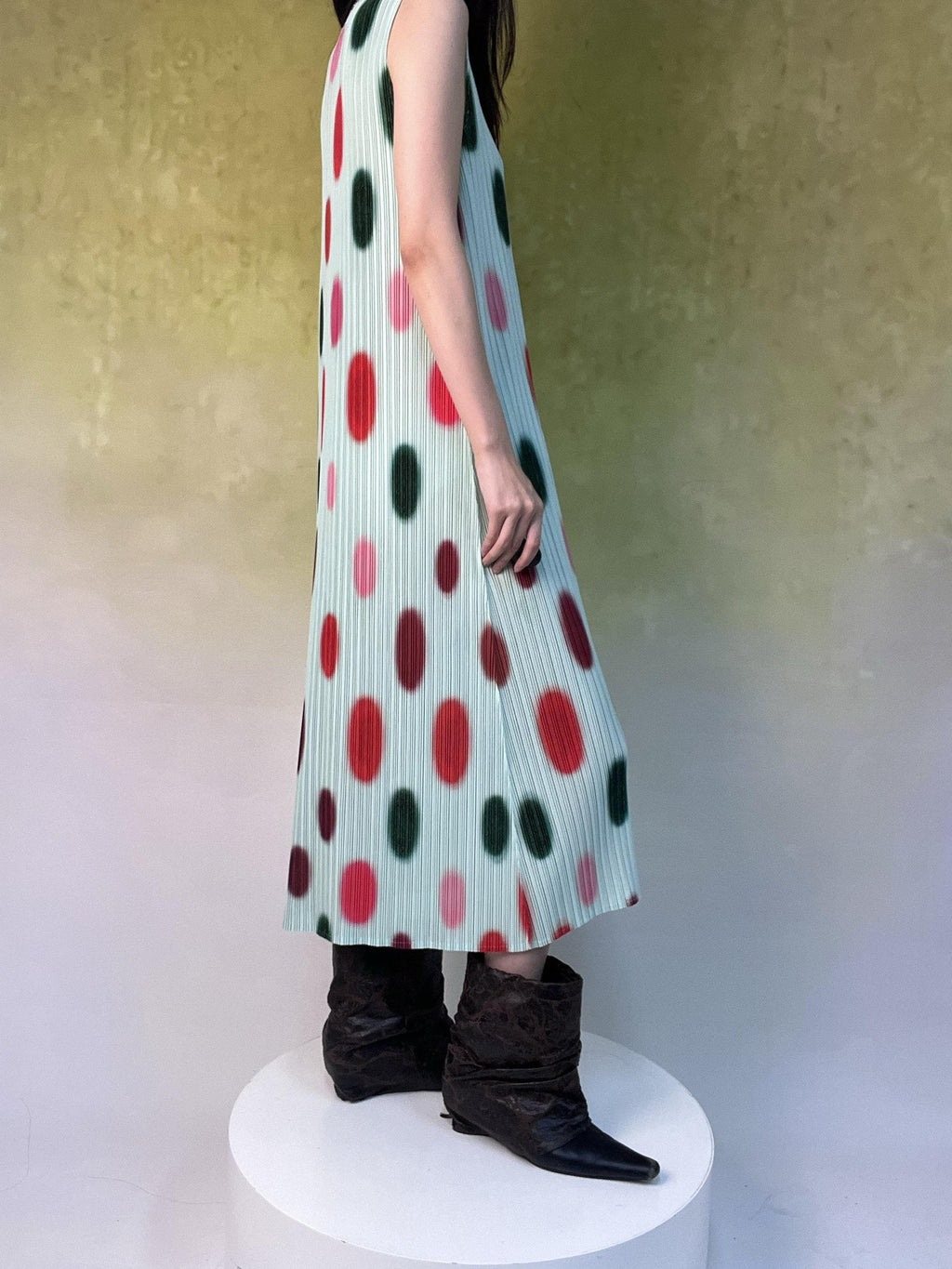ANTIMOON Mint Polka Dot Ombre Pleated Texture Print Women's Polyester Casual Maxi Dresses