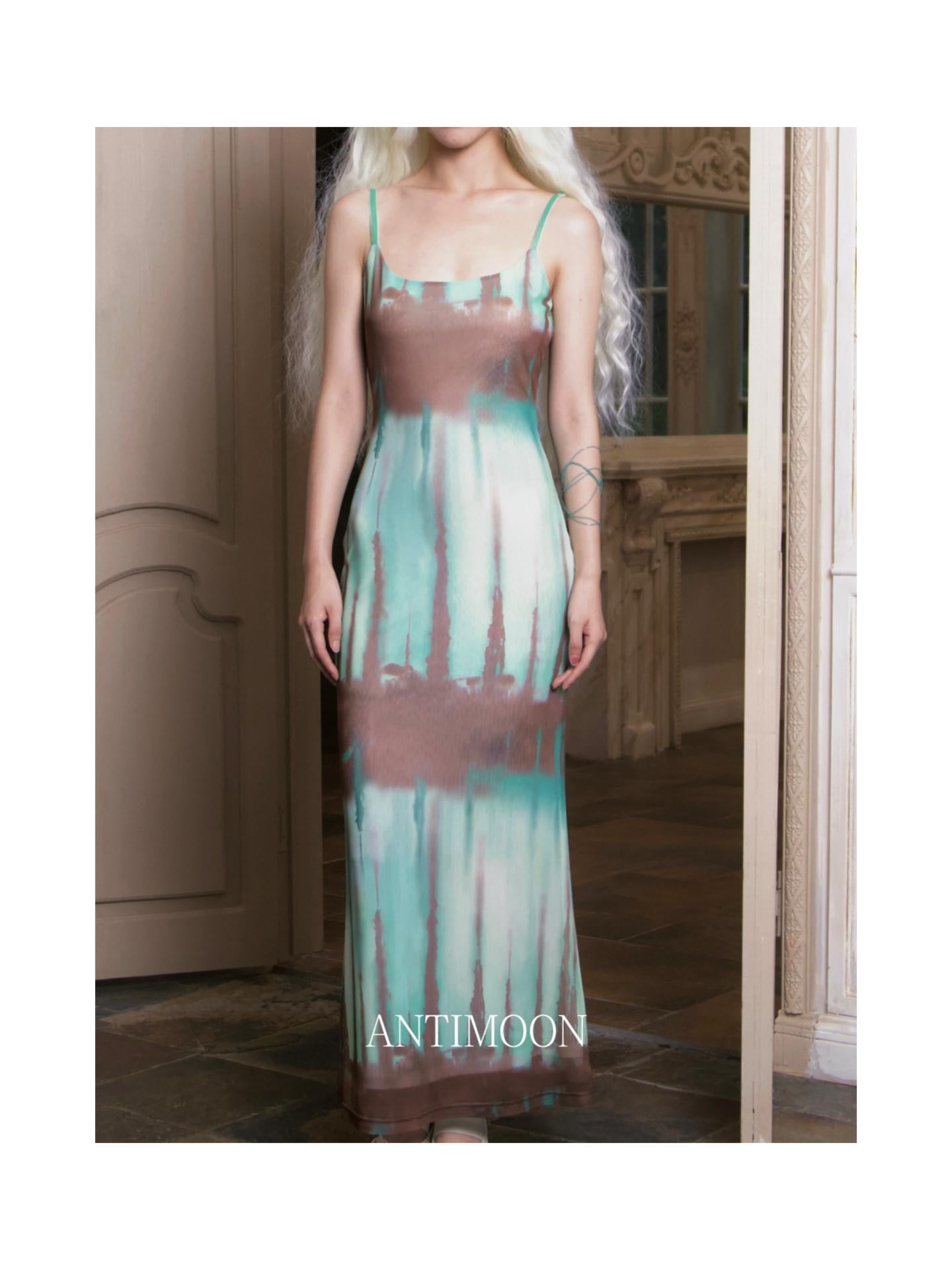 ANTIMOON Mint Tie Dye Camisole Slim Bodycon Print Women's Polyester Slip Maxi Dresses