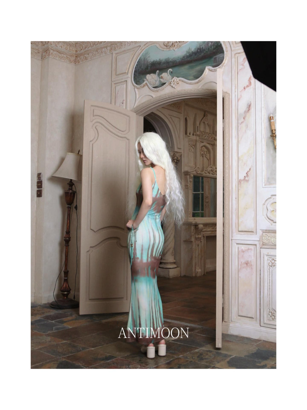 ANTIMOON Mint Tie Dye Camisole Slim Bodycon Print Women's Polyester Slip Maxi Dresses