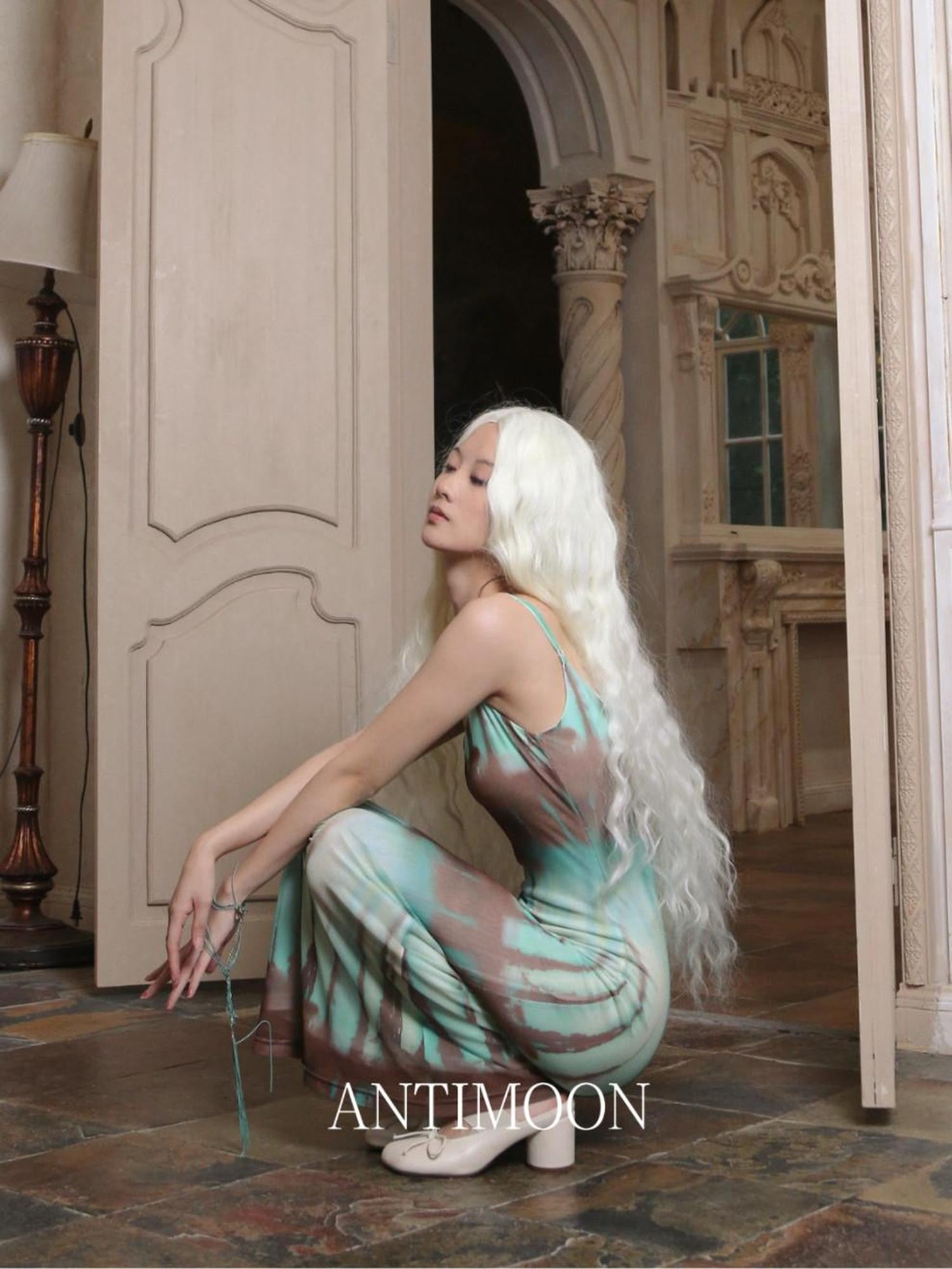 ANTIMOON Mint Tie Dye Camisole Slim Bodycon Print Women's Polyester Slip Maxi Dresses