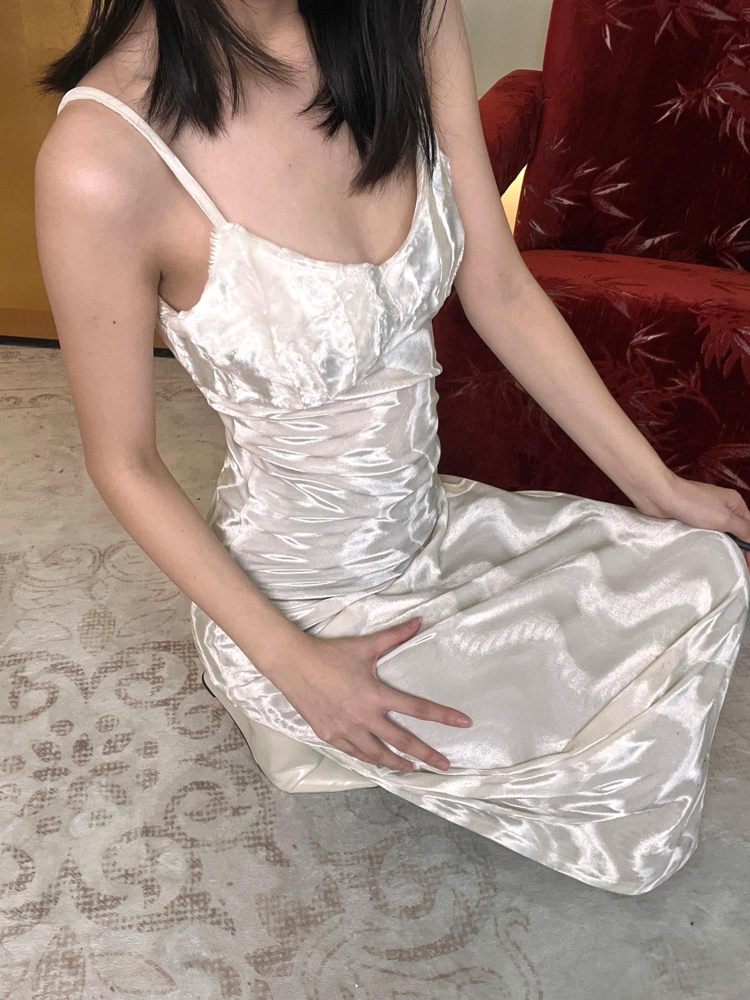 ANTIMOON Moonlit Water Ripple V-neck A Line Women's Velvet Slip Maxi Dresses