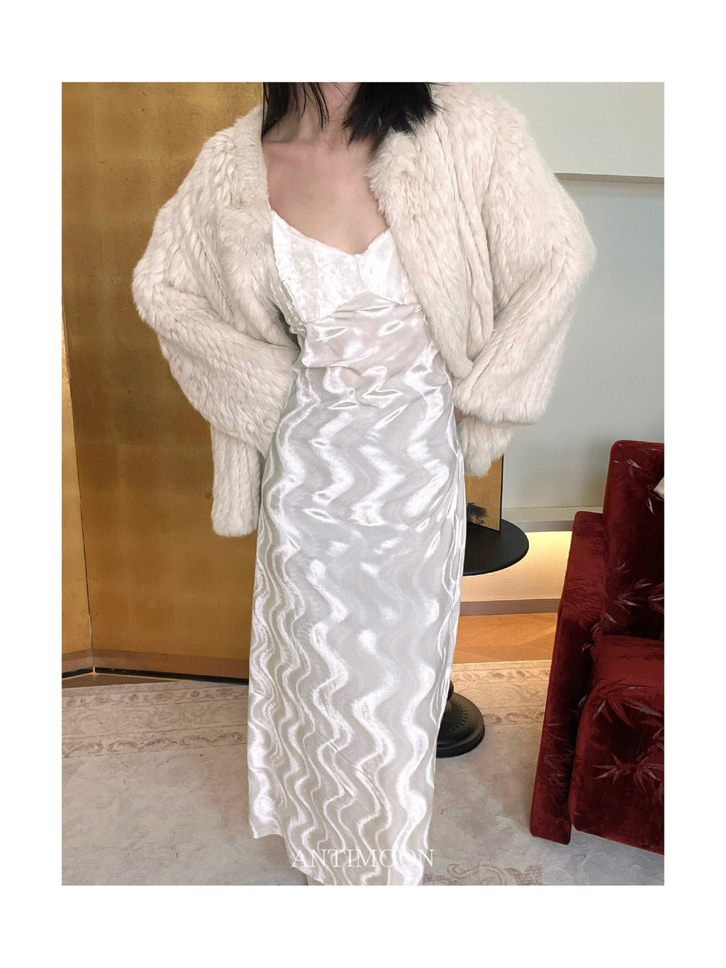 ANTIMOON Moonlit Water Ripple V-neck A Line Women's Velvet Slip Maxi Dresses