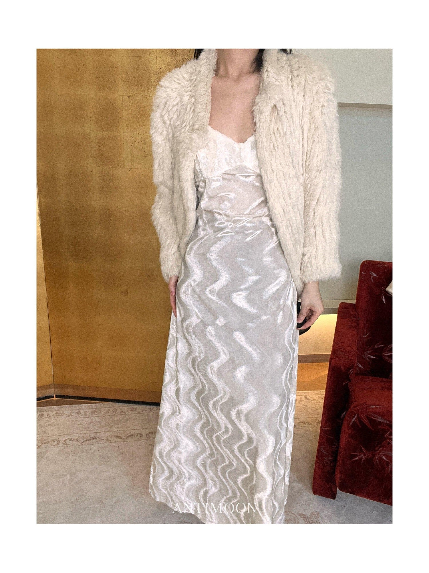 ANTIMOON Moonlit Water Ripple V-neck A Line Women's Velvet Slip Maxi Dresses