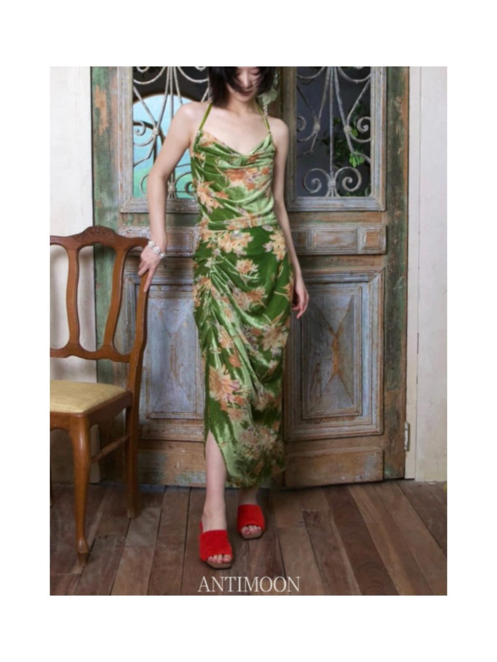 ANTIMOON Moss Green Burnout Floral Velvet Vintage Sling Women's Nylon Slip Midi Dresses