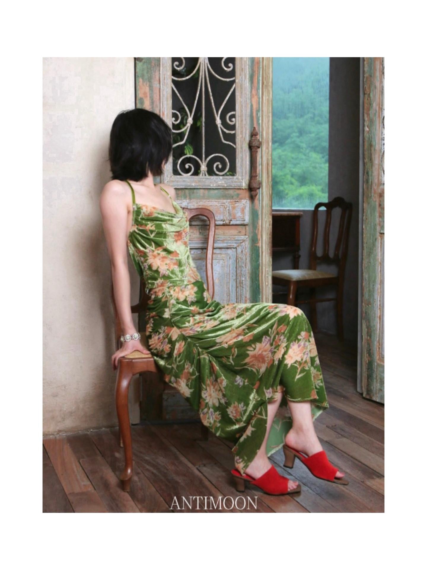 ANTIMOON Moss Green Burnout Floral Velvet Vintage Sling Women's Nylon Slip Midi Dresses