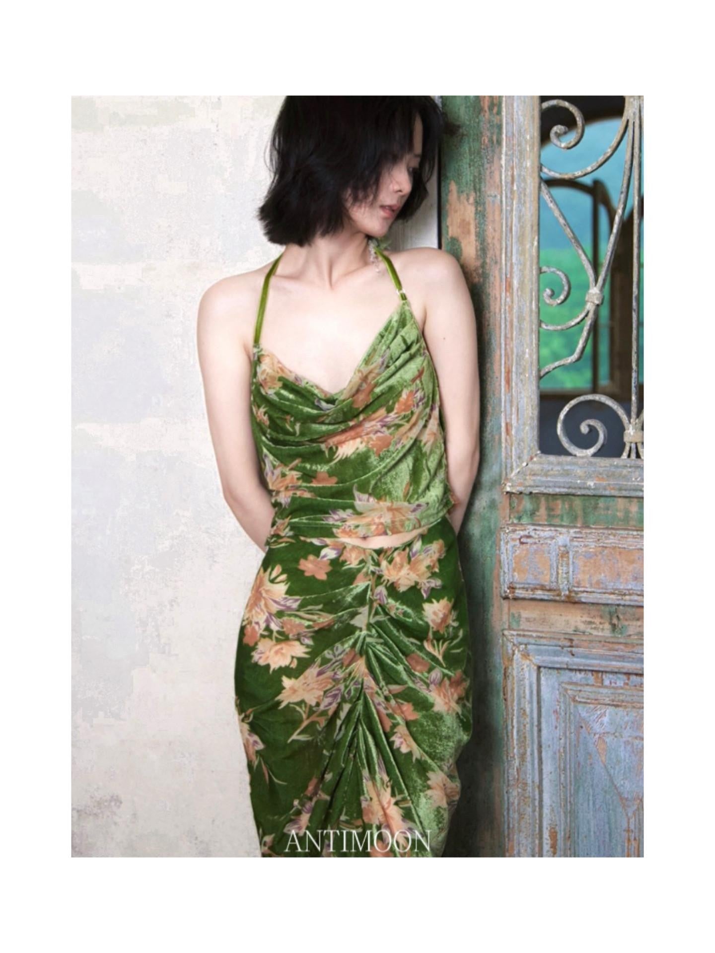ANTIMOON Moss Green Burnout Floral Velvet Vintage Sling Women's Nylon Slip Midi Dresses