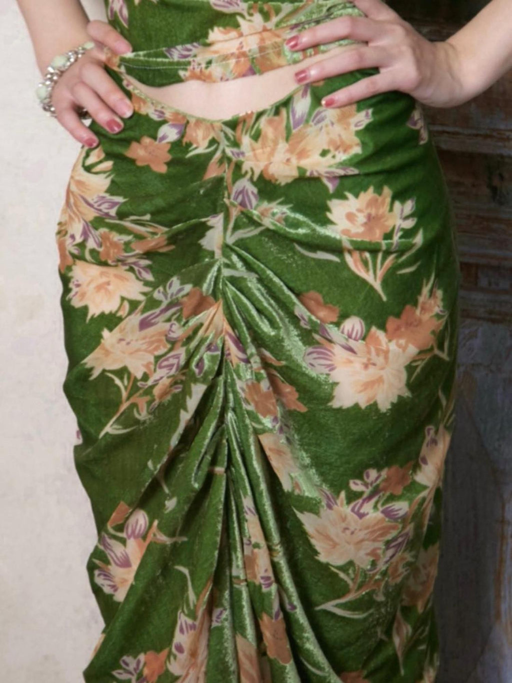 ANTIMOON Moss Green Burnout Floral Velvet Vintage Sling Women's Nylon Slip Midi Dresses
