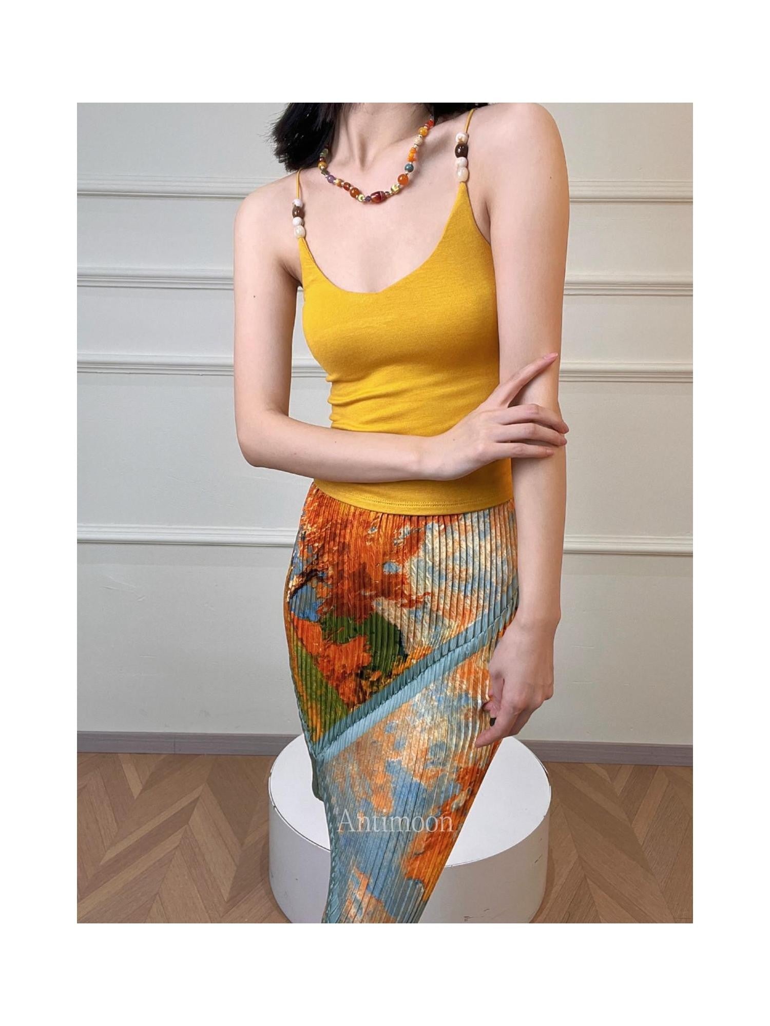 ANTIMOON Multicolor Beaded Halter V-neck Ribbon Slim Knit Women's Viscose Tank Tops