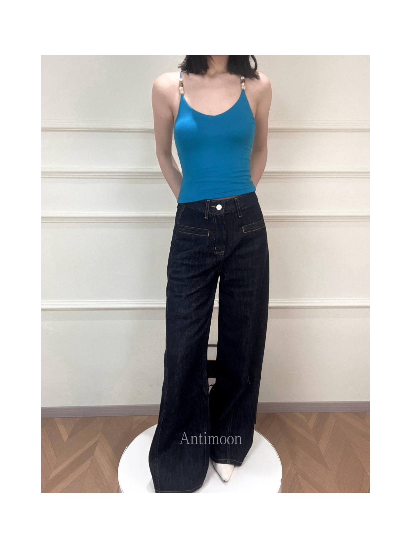 ANTIMOON Multicolor Beaded Halter V-neck Ribbon Slim Knit Women's Viscose Tank Tops