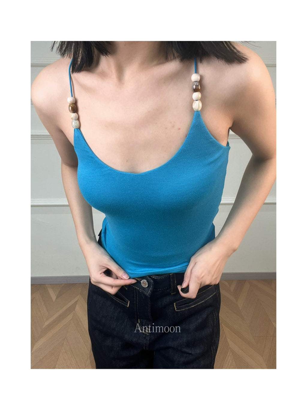 ANTIMOON Multicolor Beaded Halter V-neck Ribbon Slim Knit Women's Viscose Tank Tops