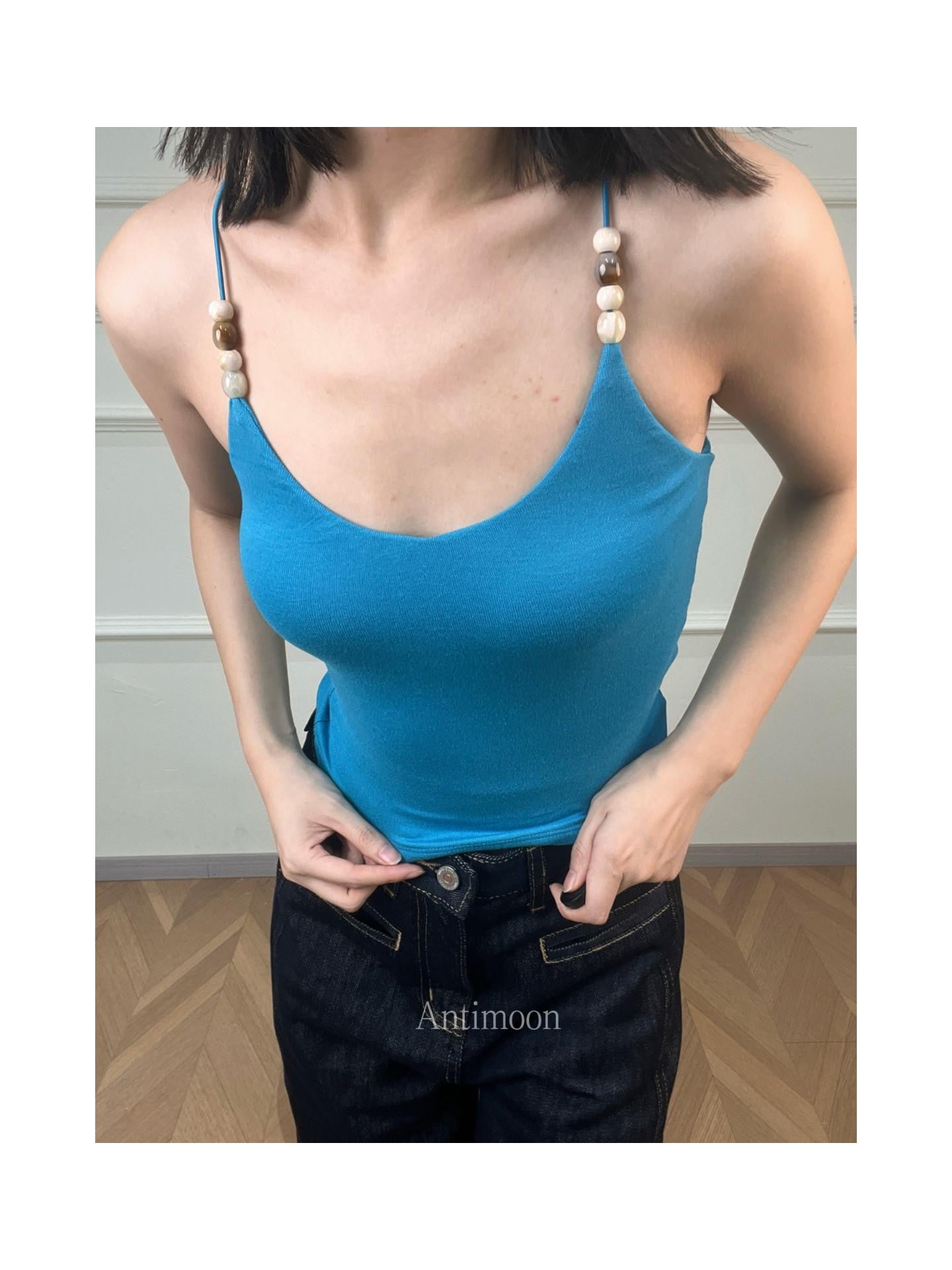 ANTIMOON Multicolor Beaded Halter V-neck Ribbon Slim Knit Women's Viscose Tank Tops