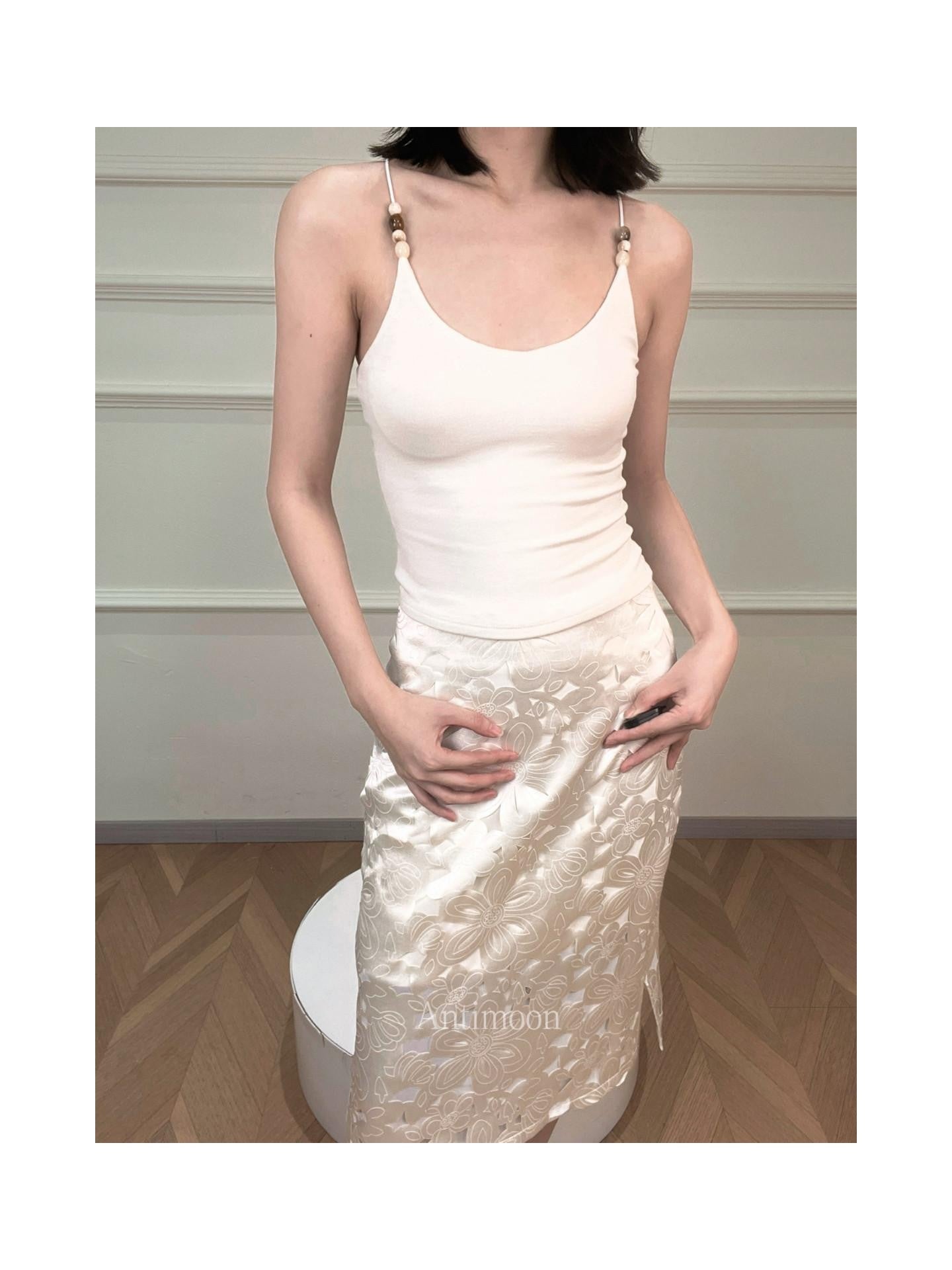 ANTIMOON Multicolor Beaded Halter V-neck Ribbon Slim Knit Women's Viscose Tank Tops