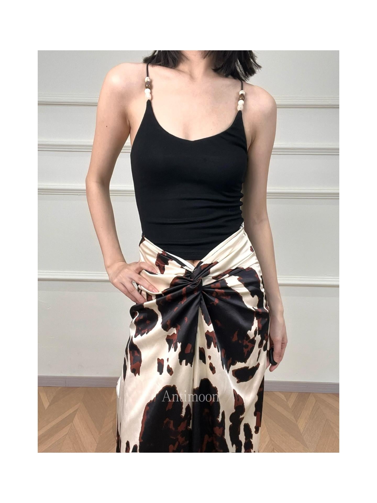 ANTIMOON Multicolor Beaded Halter V-neck Ribbon Slim Knit Women's Viscose Tank Tops