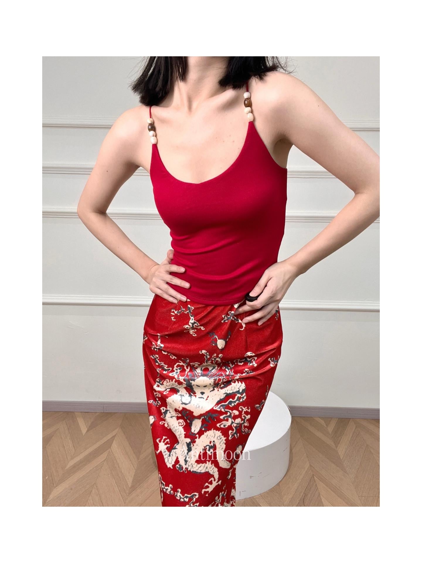 ANTIMOON Multicolor Beaded Halter V-neck Ribbon Slim Knit Women's Viscose Tank Tops