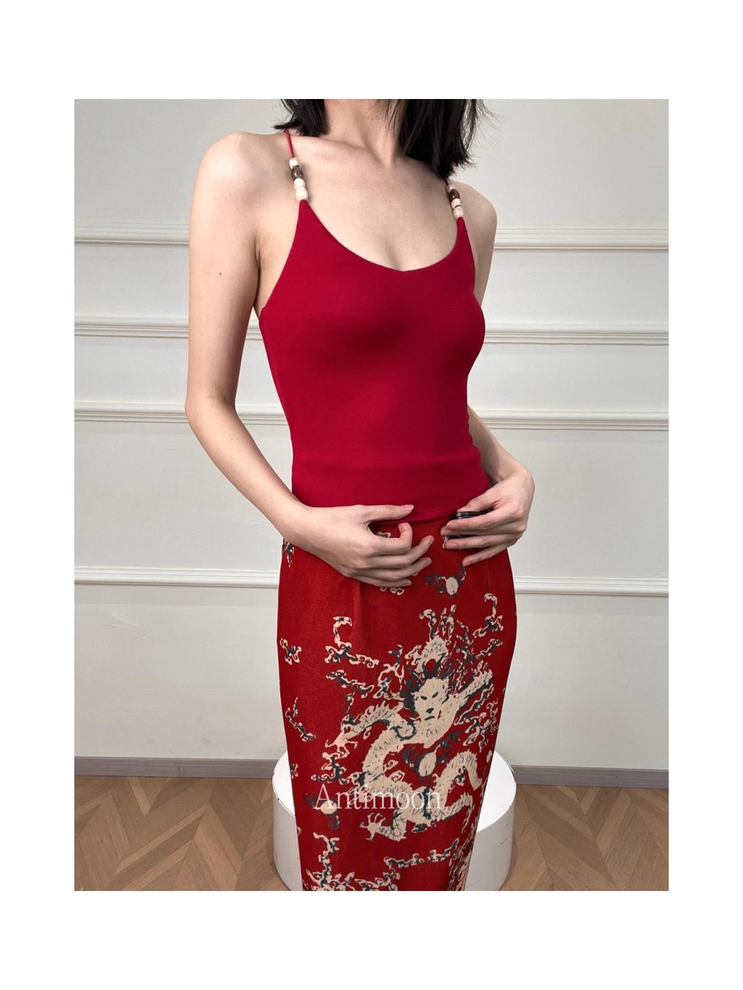 ANTIMOON Multicolor Beaded Halter V-neck Ribbon Slim Knit Women's Viscose Tank Tops