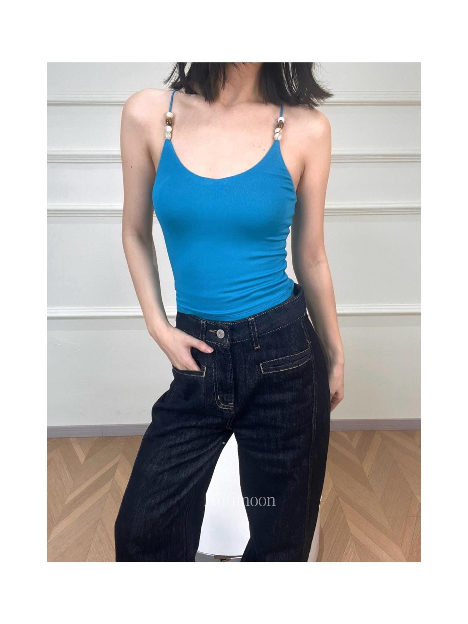 ANTIMOON Multicolor Beaded Halter V-neck Ribbon Slim Knit Women's Viscose Tank Tops