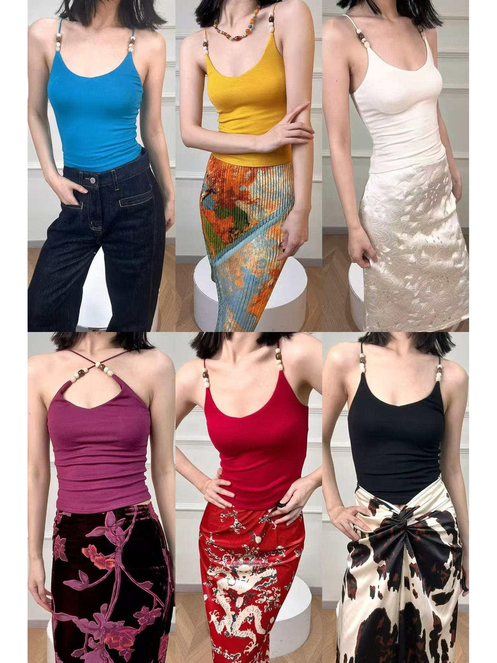 ANTIMOON Multicolor Beaded Halter V-neck Ribbon Slim Knit Women's Viscose Tank Tops