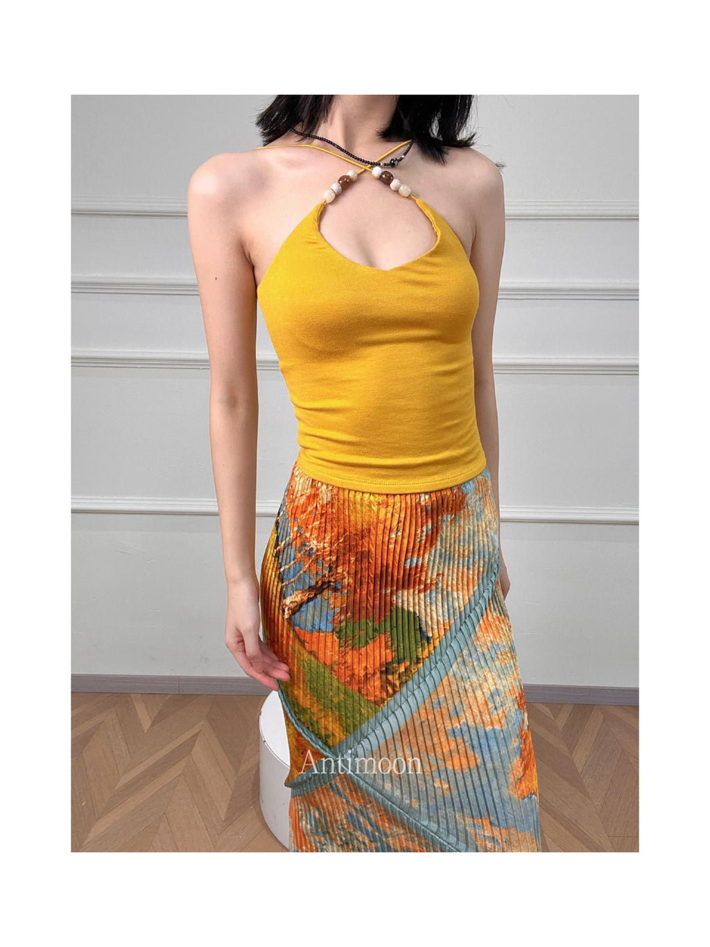 ANTIMOON Multicolor Beaded Halter V-neck Ribbon Slim Knit Women's Viscose Tank Tops