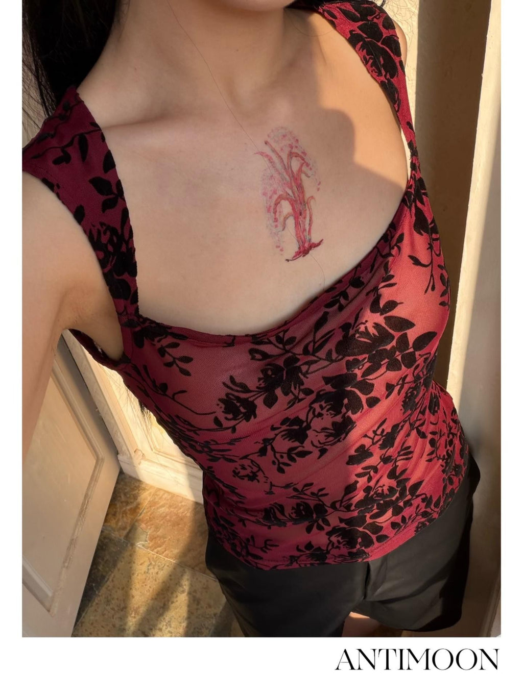 ANTIMOON New Chinese Style Ink Splatter Mesh Square Neck Women's Polyester Tank Tops