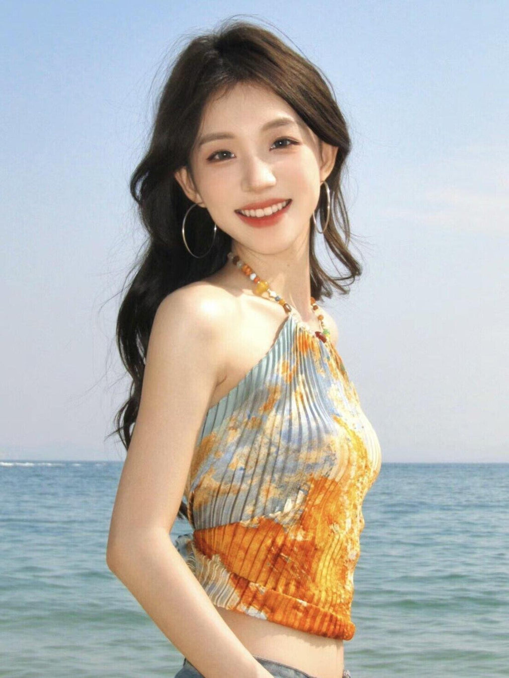 ANTIMOON Oil Painting Print Scarf Backless Tie Dye Lace Up Women's Polyester Halter Tops