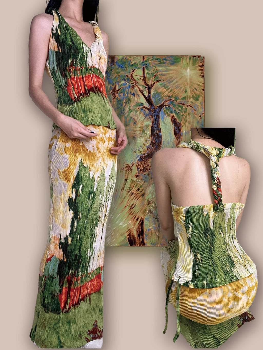 ANTIMOON Oil Print Pleated Halter Tie Women's Polyester High Waist Matching Skirt Sets