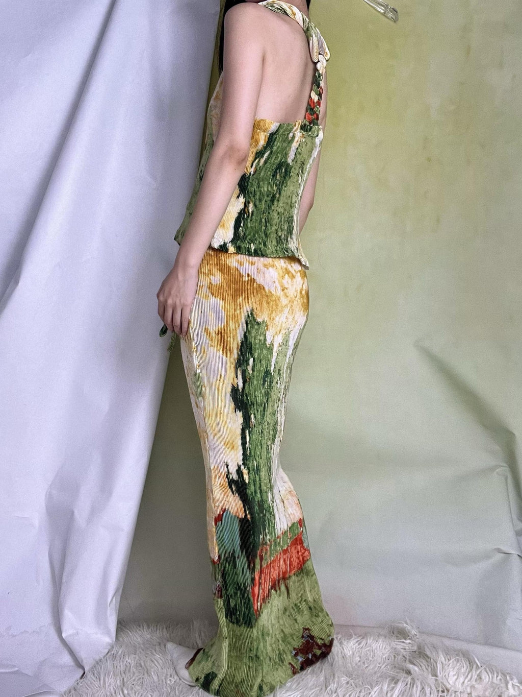 ANTIMOON Oil Print Pleated Halter Tie Women's Polyester High Waist Matching Skirt Sets