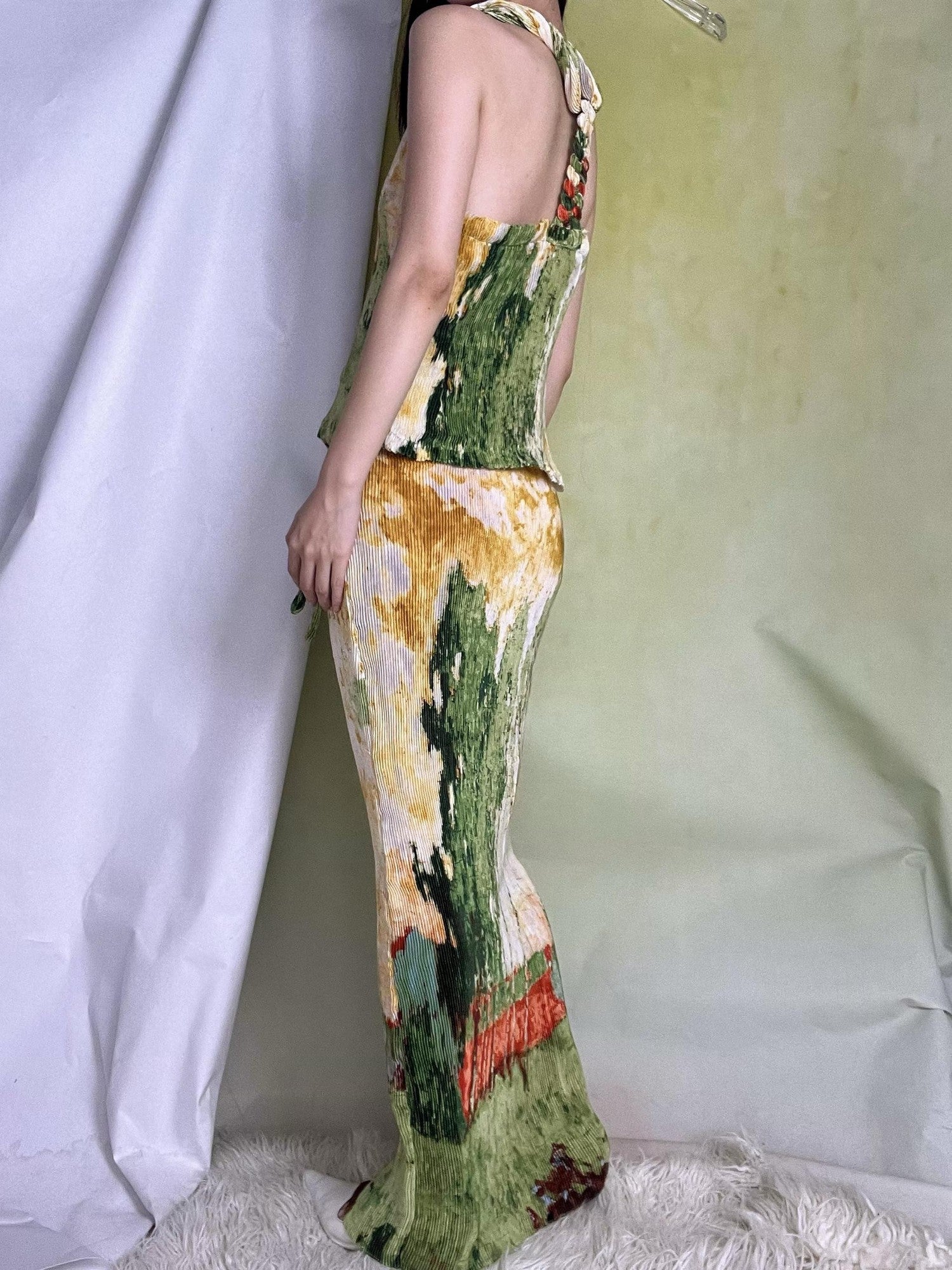 ANTIMOON Oil Print Pleated Halter Tie Women's Polyester High Waist Matching Skirt Sets