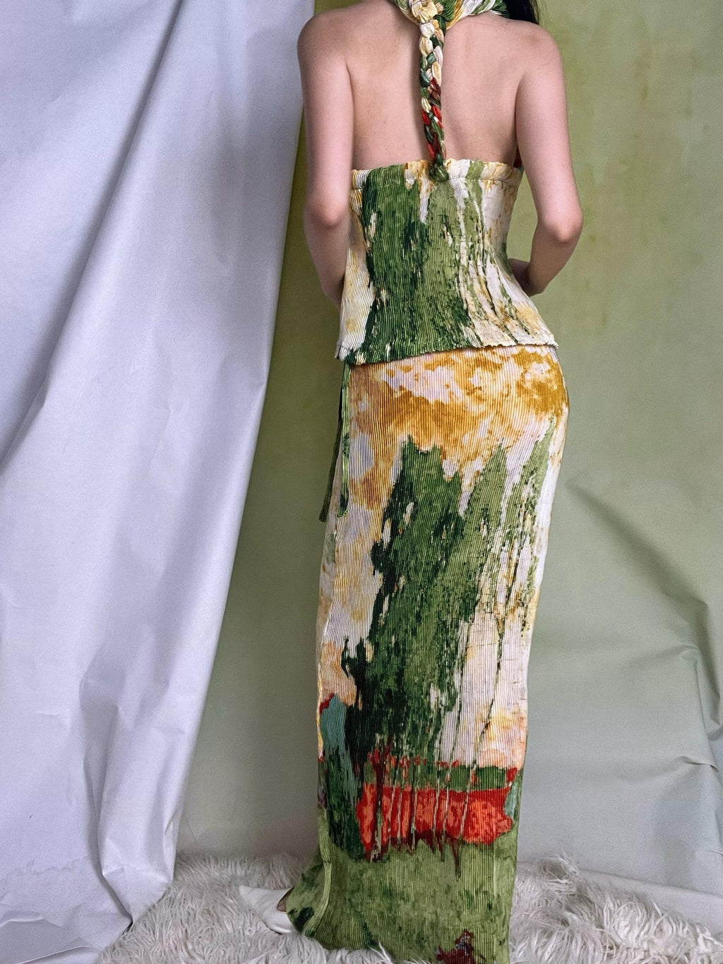ANTIMOON Oil Print Pleated Halter Tie Women's Polyester High Waist Matching Skirt Sets