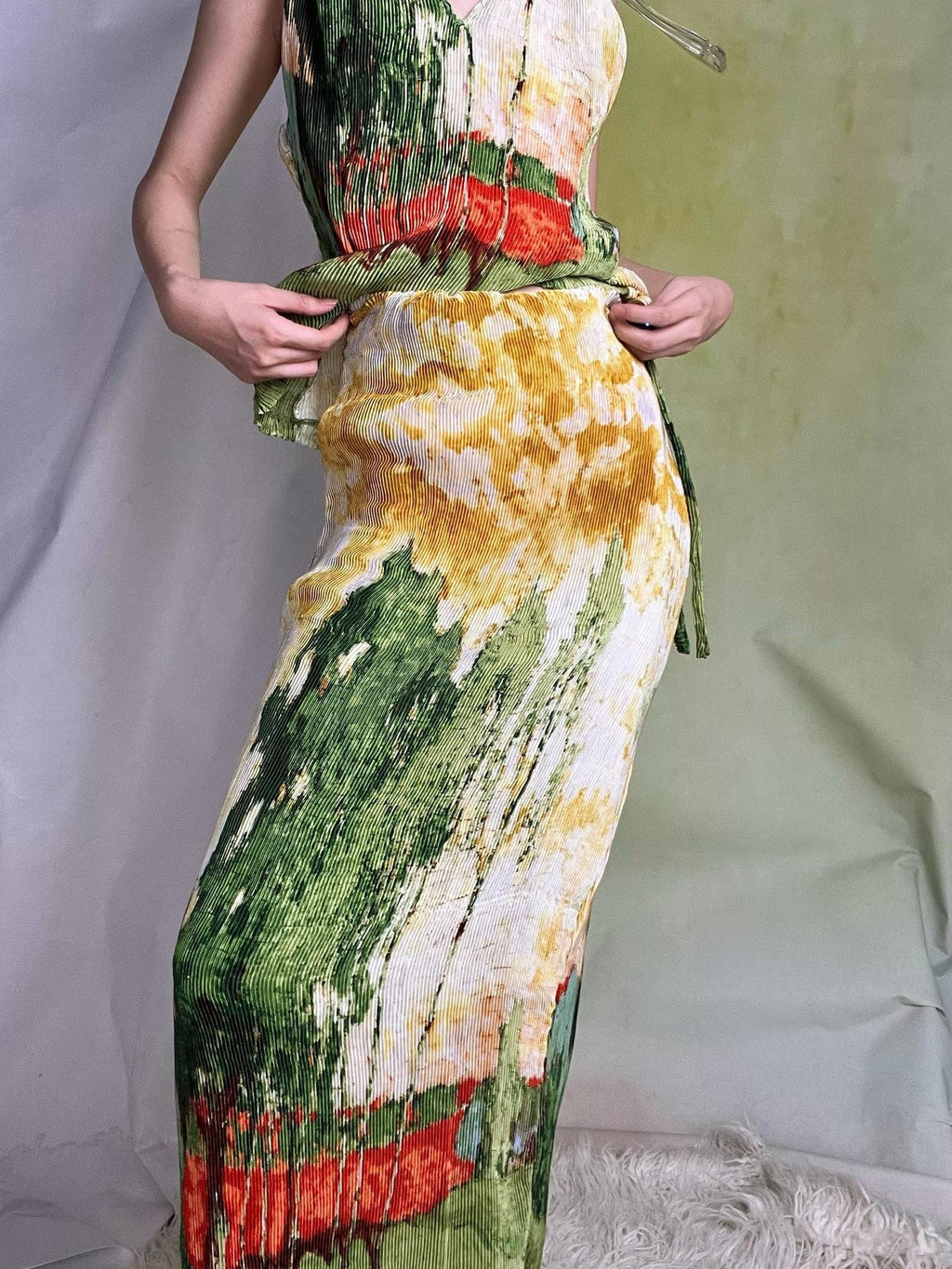 ANTIMOON Oil Print Pleated Halter Tie Women's Polyester High Waist Matching Skirt Sets