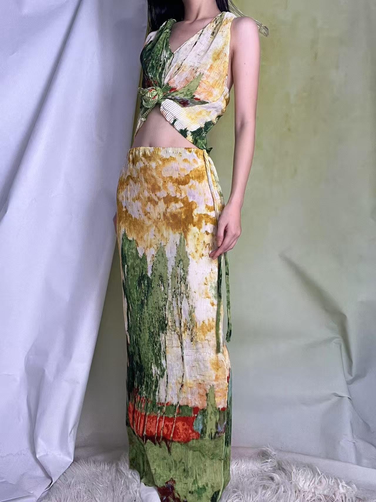 ANTIMOON Oil Print Pleated Halter Tie Women's Polyester High Waist Matching Skirt Sets